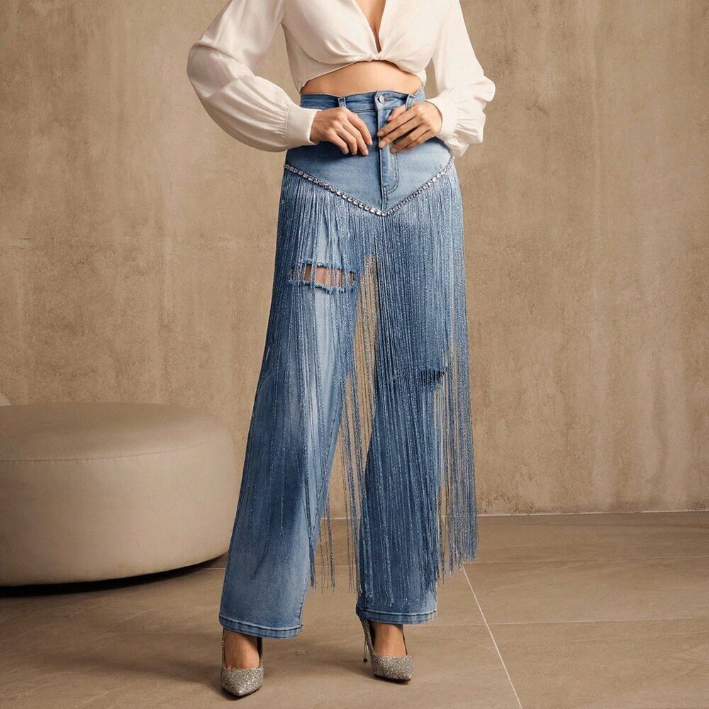 Blue Party Women's Heavy Fringe Diamond Straight Leg Jeans